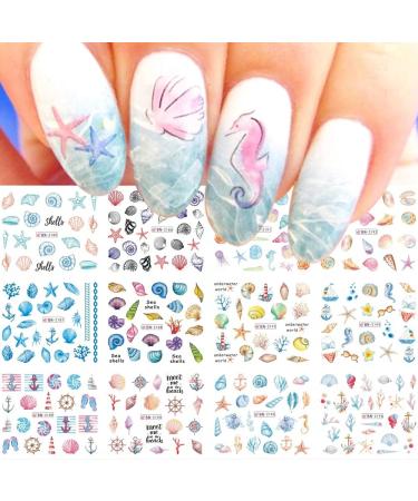 Nail Art Stickers Sea Shell Nail Decals Water Transfer Nail Foil Nail Supplies Summer Party Nail Designs Water Sliders Nail Decor Nail Supplies Nail Decorations Accessories for Women 12Sheet