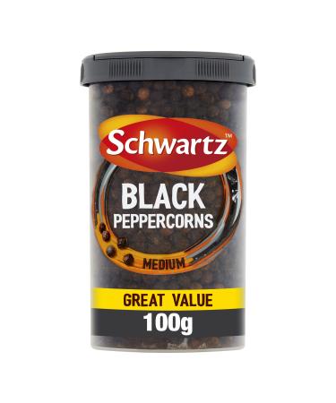 Schwartz Medium Black Peppercorn Drum 100 G | Mild Heat Spicy Kick and Hot Biting Flavour | Deep Zesty Flavour and Distinctive Aroma | Perfect for Marinades Sauces Steaks and Kebabs