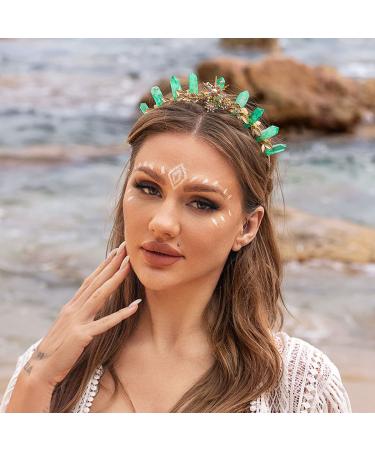 Formery Flower Green Quartz Crown Headband Gold Leaf Raw Crystal Tiara Hairband Woodland Fairy Elf Halloween Rhinestone Floral Natural Stone Hair Accessories for Women and Girls