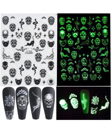Halloween Nail Art Stickers Glow in The Dark Nail Decals 3D Self-Adhesive Fluorescent Nail Stickers Skull Spider Witch Ghost Pumpkin Bat Snake Nail Design for Women and Girls DIY Acrylic Nail - Buy Online on SooperMarket.com