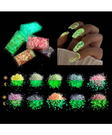 10 Color Festival Glitter Eye Body Glitter Glow in The Dark Luminous Hexagons Chunky Glitter for Acrylic Nail Hair Face Resin Art Crafts Glitter Flakes Makeup Artist for Cosmetic Festive Decoration