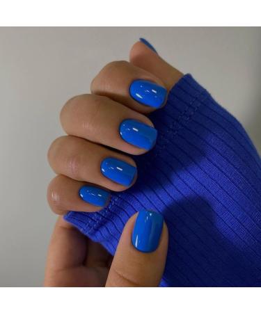 Blue Press on Nails Short Square Short Fake Nails Glue on Short Square Nails Press ons Soft Gel Glue on Nails Short Stick on Nails for Women Thick Reusable Solid Color Acrylic Nails 24pcs glossy blue