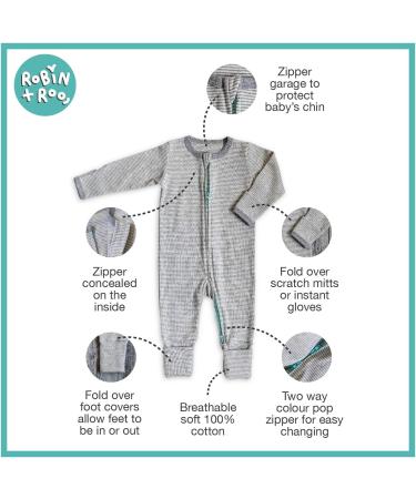 100% Cotton Two-Way Zipper Baby Sleepsuit Unisex Onesie Romper | Footless & Fold Over Cuffs | 3-6 Months | Grey, White, Mint Green - Buy Online on SooperMarket.com