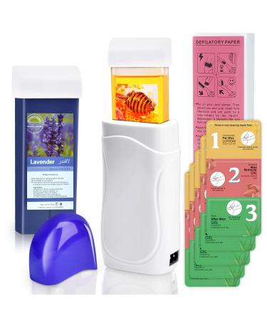 Roll on Wax Kit Roller Waxing Kit with Honey and Lavender Wax Cartridges Roll on Wax Warmer for Women & Men Sensitive Skin Wax Roller Kit with 100 Wax Strips 10 Wipes White