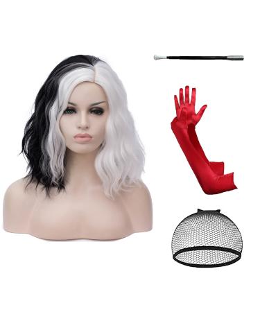 BUFASHION 14" Women Short Black and White Kinky Straight Cosplay Synthetic Wigs With Air Bangs 46 Colors Available (White with Black)