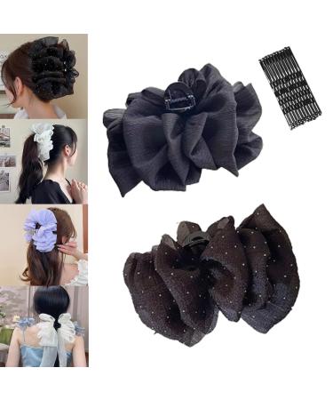 Bow Bubble Clips Bow Hair Claw Clips Claw Clips For Thick Hair Thick Hair Claw Clips For Long Hair Hair Clips for Thin Hair Women Large Puffy Chiffon Elegant Bubble Bow Hair Claw Clip (2pcs-D)