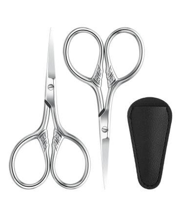 2Pcs Facial Hair Scissors for Men Women Nose Scissors with Leather case Tip Scissors for Mustache Nose Beard Eyebrows Eyelashes and Ear Hair Cutting Scissors (Silver)