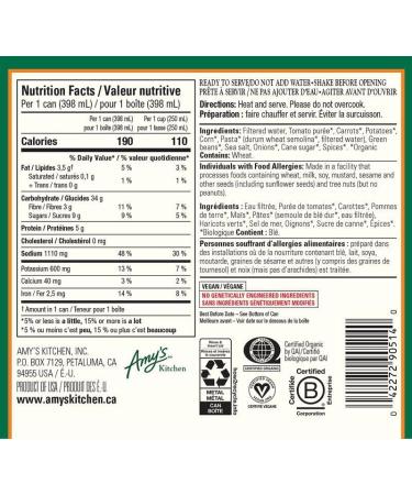 Amy s Kitchen Organic Alphabet Soup Vegan Dairy-Free Tree Nut-Free Kosher Plant-Based 12-pack (398ml per can) - Buy Online on SooperMarket.com
