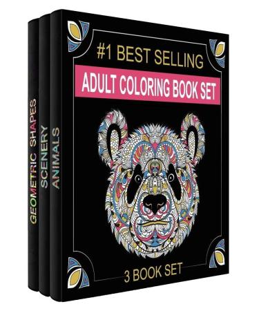 Adult Coloring Books Set - 3 Coloring Books for Grownups - 120 Unique Animals, Scenery & Mandalas Designs. Coloring Books for Adults Relaxation.