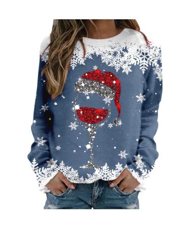 Women's Christmas Sweatshirts Cute Snowman Penguin Print O-Neck Raglan Top Shirt Pullover Comfy Warm Xmas Jumper Winter Long Sleeve Tops Loose Tunic Top Sweaters Z21-blue S