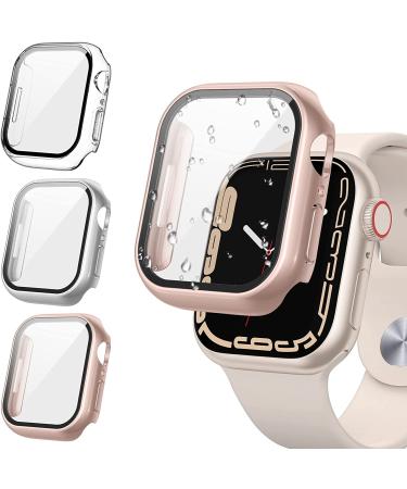 3Pack Tensea for Apple Watch Screen Protector Case Series 8 7 41mm iWatch Protective Face Cover Tempered Glass Film Hard PC Bumper for Women Men Ultra-Thin Guard (41 mm Clear/Silver/Rose Gold) Clear/Silver/Rose Gold for 41mm Only