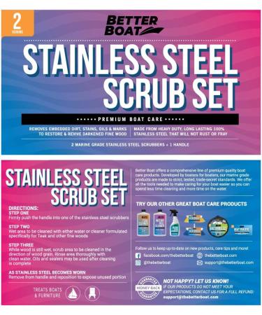 Marine Grade Stainless Steel Scrubber Set with Brush Handle - Heavy Duty Cleaning Supplies for Kitchen, Dishes, Teak Wood Furniture, and Metal Surfaces - Buy Online on SooperMarket.com