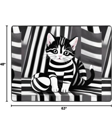 Black and White Striped Kitten Flannel Non-Slip Floor Mat - 63x48 Inches Comfortable & Lint-Free Perfect for Home & Office - Shop Internationally - Buy Online on SooperMarket.com