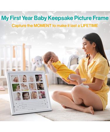 Dino My First Year Baby Keepsake Picture Frame - White Wood, 12 Months Photo Inserts - Nursery Decor Gift for Boys and Girls - Buy Online on SooperMarket.com