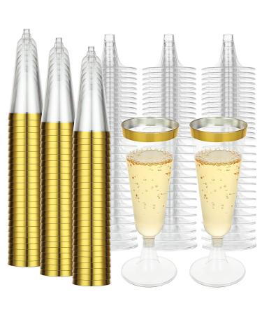 FVIEXE 100 Pack Plastic Champagne Flutes 5 Oz Disposable Champagne Glasses Gold Rim Wine Champagne Flute Glasses Clear Plastic Toasting Glass Mimosa Cocktail Cups for Bar Parties Wedding (160ml)