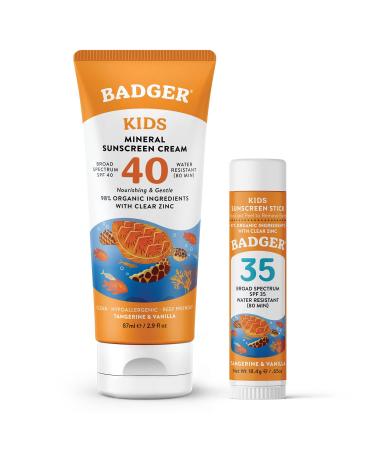 Badger Kids Mineral Sunscreen Combo  SPF 40 Cream and SPF 35 Face Stick  Reef Safe Broad Spectrum Water Resistant with Zinc Oxide  Tangerine and Vanilla