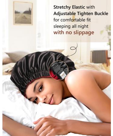 Mikimini Satin-Haube 2 Pack - Adjustable Double-Layer Sleep Silk Hood for Curly Hair & Braids (XL Black/Red) - Non-Slip Design for Men & Women - Buy Online on SooperMarket.com