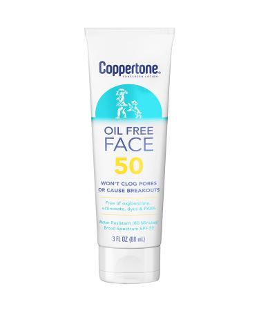 Coppertone Face Sunscreen SPF 50  Oil Free Sunscreen for Face  Water Resistant SPF 50 Sunscreen Face Lotion  Travel Size Sunscreen  3 Fl Oz Tube
