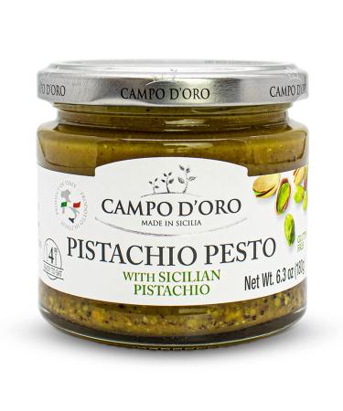 Pistachio Pesto, Sicilian Pesto Sauce, Savory, Creamy, Spreadable, Paste, Glass jar 6.35oz, directly form Sicily, Italia. By Campo D'Oro