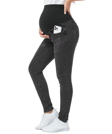 PACBREEZE Women's Maternity Jeans Over The Belly Slim Stretchy High Waist Denim Skinny Pants with Pockets 04: Wash Black XXL