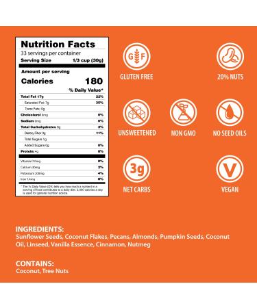 Large 35oz Pecan & Almond Keto Granola Bulk Bag - Gluten-Free, Unsweetened, High Fiber Breakfast Cereal - LCHF Friendly - Buy Online on SooperMarket.com