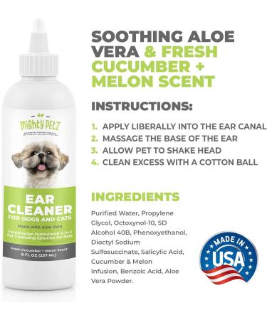 Mighty Petz Dog Ear Cleaner Solution 8 oz - Vet Formulated Gentle Otic Cleaning Drops for Dogs - Supports Infection-Prone Ears, Removes Wax, Debris, & Odor - Cucumber & Melon Scent - Large - Buy Online on SooperMarket.com