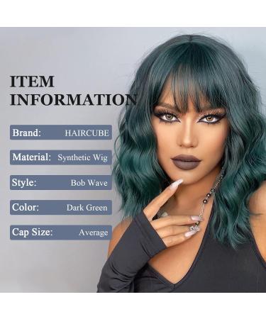 Haircube Short Bob Wig with Bangs - Dark Green Heat-Resistant Synthetic Fiber for Women | Party Cosplay & Daily Wear - Buy Online on SooperMarket.com