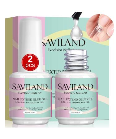 SAVILAND 4-in-1 Gel X Nail Glue: 2 PCS 15 ML Nail Glue for Acrylic Nails Super Strong Brush On Nail Glue Gel for False Nails U V & LED Lamp Required B-30ml Glue Gel