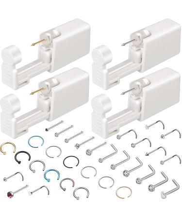 36 Pieces Nose Ear Piercing Tool Kit Includes 4 Pieces Disposable Nose Piercing Machine with 10 Pieces Nose Jewelry 22 Pieces Nose Studs Ring Hoop for Women Girls Salon Home Use (White)