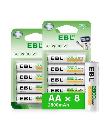 EBL Rechargeable AA Batteries 1.2V 2800mAh Precharged Ni-MH AA Battery New Retail Package Pack of 8