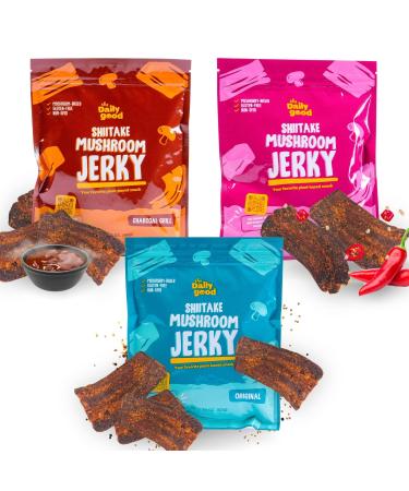 The Daily Good Mushroom Jerky - 3-Pack Plant-Based Snacks, High-Fiber Mushroom Snack, Gluten-Free Food, Contains Eggs, Made from Shiitake Stalk, 0.58 lbs., Original, Hot & Spicy, Charcoal Grill,Pink Package