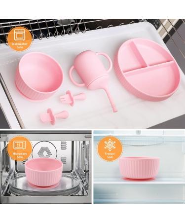 Baby Feeding Set - Silicone Bib, Suction Divided Bowl, Spoon & Fork - Toddler Utensils - Pink (6 Months) | Baby Led Weaning Supplies - Buy Online on SooperMarket.com