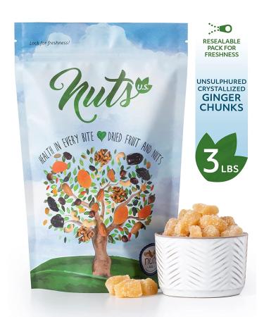 NUTS U.S. Unsulphured Crystallized Ginger Chunks - 3 LBS Resealable Bag, Fresh & Delicious Dried Gingers, No Artificial Colors - Buy Online on SooperMarket.com