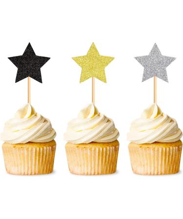 120 Pcs Star Cupcake Toppers Happy New Year Glitter Black Gold and Silver Star Cake Topper Picks Toothpick Toppers New Year Photo Props for New Year Party Supplies (Star) - Buy Online on SooperMarket.com