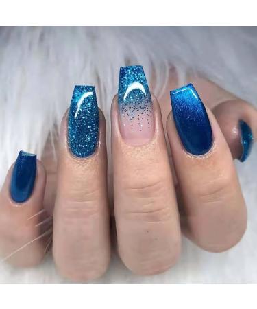 MISUD Medium Coffin Press on Nails, Blue Gradient Fake Nails, Glitter Artificial False Nails with Double Side Adhesive Tabs for Women & Girls (24pcs) StyleA-01
