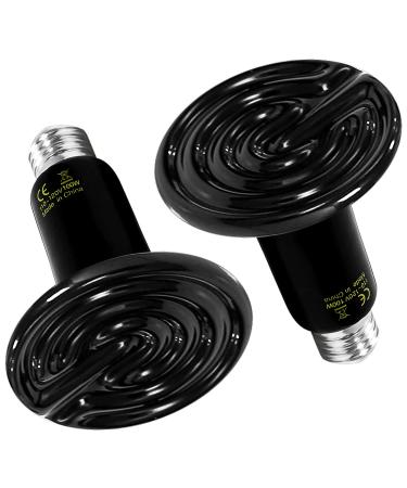 Simple Deluxe 100W Ceramic Heat Emitter Reptile Heat Lamp Bulb No Light Emitting Brooder Coop Heater for Amphibian Pet & Incubating Chicken, 1 Pack/ 2 Pack with Thermometer, Black & White 2 Pack Black