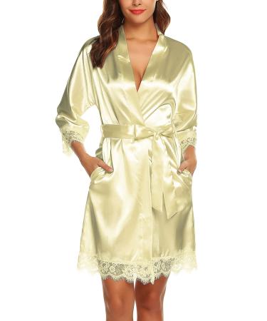 BESDEL Women's Satin Silk Bathrobe Oblique V-Neck Short Kimono Robe Bridesmaids Robe XXL Gold