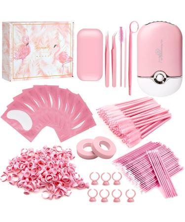 267 PCS Eyelash Extension Supplies Lash Extension Kit USB Air Conditioning Blower,Silicone Pad,Under Eye Gel Pads,Mini Makeup Mirror,Tapes,Tweezers,Glue Rings,Eyelash Brushes,Micro Brush Applicators pink