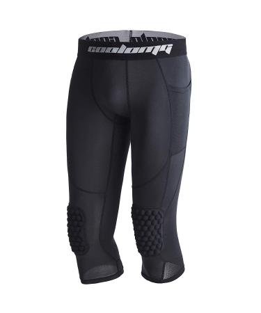 Coolomg basketball trousers with kneecloner for children 3/4 compression tights leggings padded caprihose multi -way l (for 12 year old) black