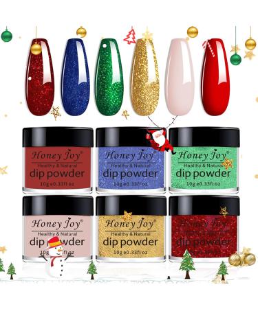 Honey Joy Christmas Dip Powder Set Red Green Golden Glitter Fine Dipping Powder Colors No Need Lamp Cure Like Gel Polish Effect Even & Smooth Finishing (DP-G-6pcs-10g/box)