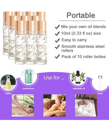 Alledomain 10Pcs 10ml Essential Oils Roller Bottles Clear Glass Roll on Bottles with Lucky Cat Pattern & Stainless Steel Rollers & Gold Cap for Aromatherapy - Include 12 Labels Dropper & Opener Golden - Buy Online on SooperMarket.com