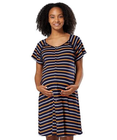 HAPPY MAMA Women's Maternity Nursing Delivery Hospital Gown Nightshirt 1029 10 Navy & Orange Stripes