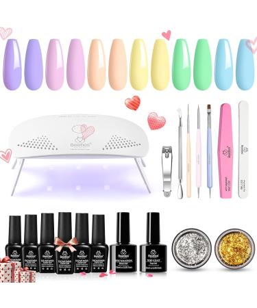 Beetles Gel Nail Polish Kit with Light Starter Kit Candy Land Collection Pastel Gel Polish Set Mint Green Baby Blue Soft Pink Colors Soak Off UV LED Nail Lamp Base Gel Top Coat DIY Home Manicure Candy Land Starter Kit