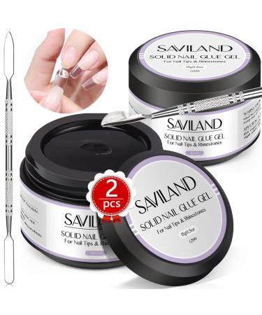 Saviland 30g Solid Nail Glue Gel Kit for Nail Tips - 2pcs 0.5oz Gel Nail Glue for Acrylic Nails Press on Nails Rhinestone U V/LED Lamp Needed