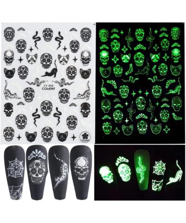 Halloween Nail Art Stickers Glow in The Dark Nail Decals 3D Self-Adhesive Fluorescent Nail Stickers Skull Spider Witch Ghost Pumpkin Bat Snake Nail Design 6PCS for Halloween Costumes - Buy Online on SooperMarket.com
