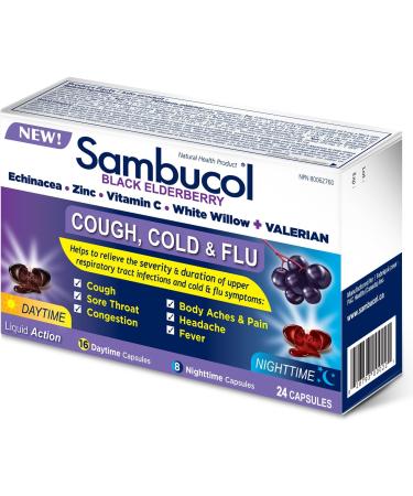 Sambucol Black Elderberry Cough Cold and Flu Day/Night| Helps Relieve Congestion Fever Sore Throat & Head Pain | Black Elderberry White Willow| 24 Hard Capsules (18 Day/6 Night) - Buy Online on SooperMarket.com