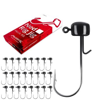 MadBite Ned Rig Jig Hook Kits, Finesse Mushroom Jig Heads for Soft Lures Black 1/8 oz