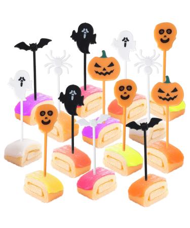 Rsstarxi 50 Pack Plastic Halloween Food Toothpicks Halloween Cupcake Toppers Pumpkin Ghost Spider Bat Cupcake Food Picks for Fruit Appetizer halloween Birthday Party Cake Decorations Design 16
