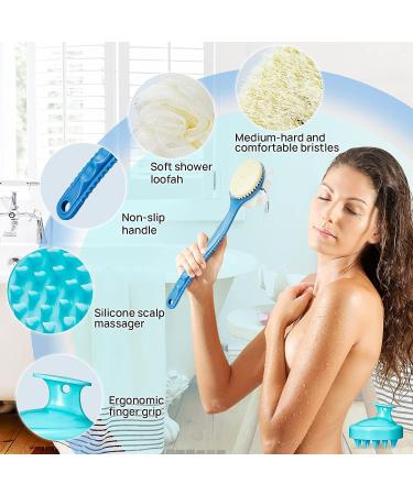 Shower Body Brush with Bristles, Loofah Back Scrubber, Long Handle, Cellulite Massager - Blue - Buy Online on SooperMarket.com