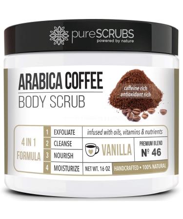 pureSCRUBS Premium Organic Arabica Coffee Body Scrub Set - VANILLA BLEND Large 16oz Anti Cellulite Scrub With Essential Oils & Nutrients + FREE Wooden Spoon  Loofah & Mini Organic Exfoliating Bar Soap